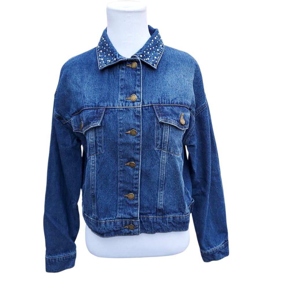 Bebe Crop Jean Denim Jacket y2k Bling Embellished Rhinestone Sz S